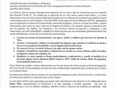Mensaje y disposición es de nuestro Obispo, ante la posible propagación del virus #COVID2019MX